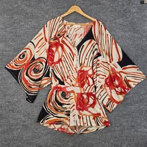 Alexis Romper Womens Medium Abstract Print Kimono Sleeve Belted Relaxed Artsy